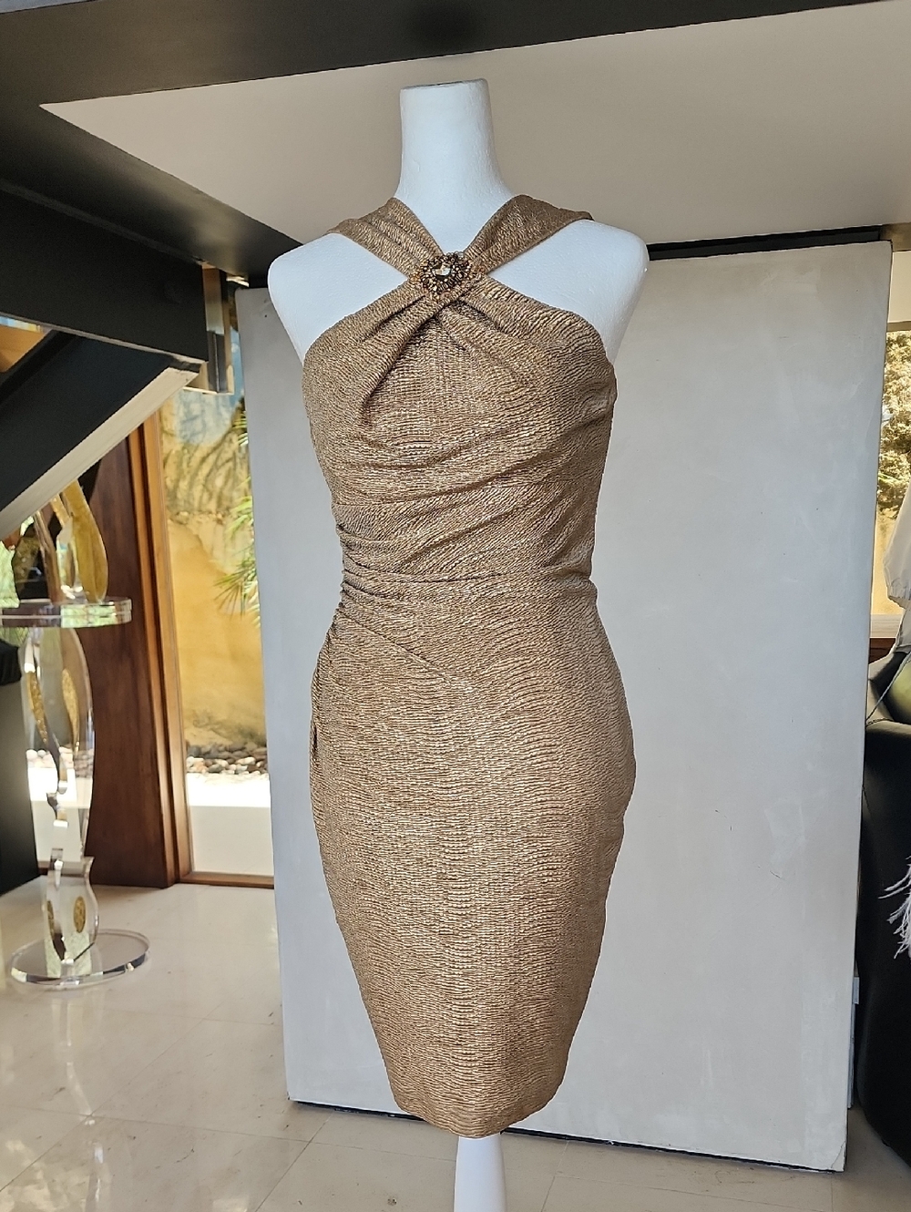 David Meister Metallic Bronze/Gold One-Shoulder Ruched Sheath Dress